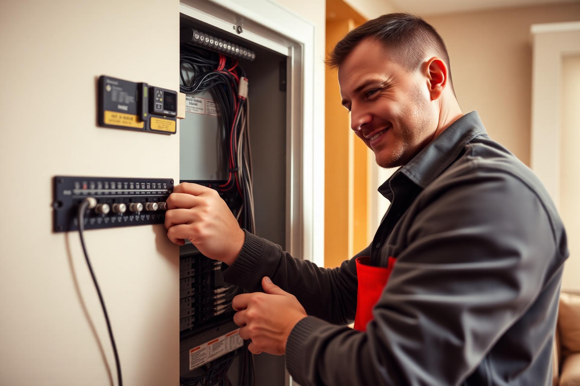Grateful Electric technician working on a residential panel